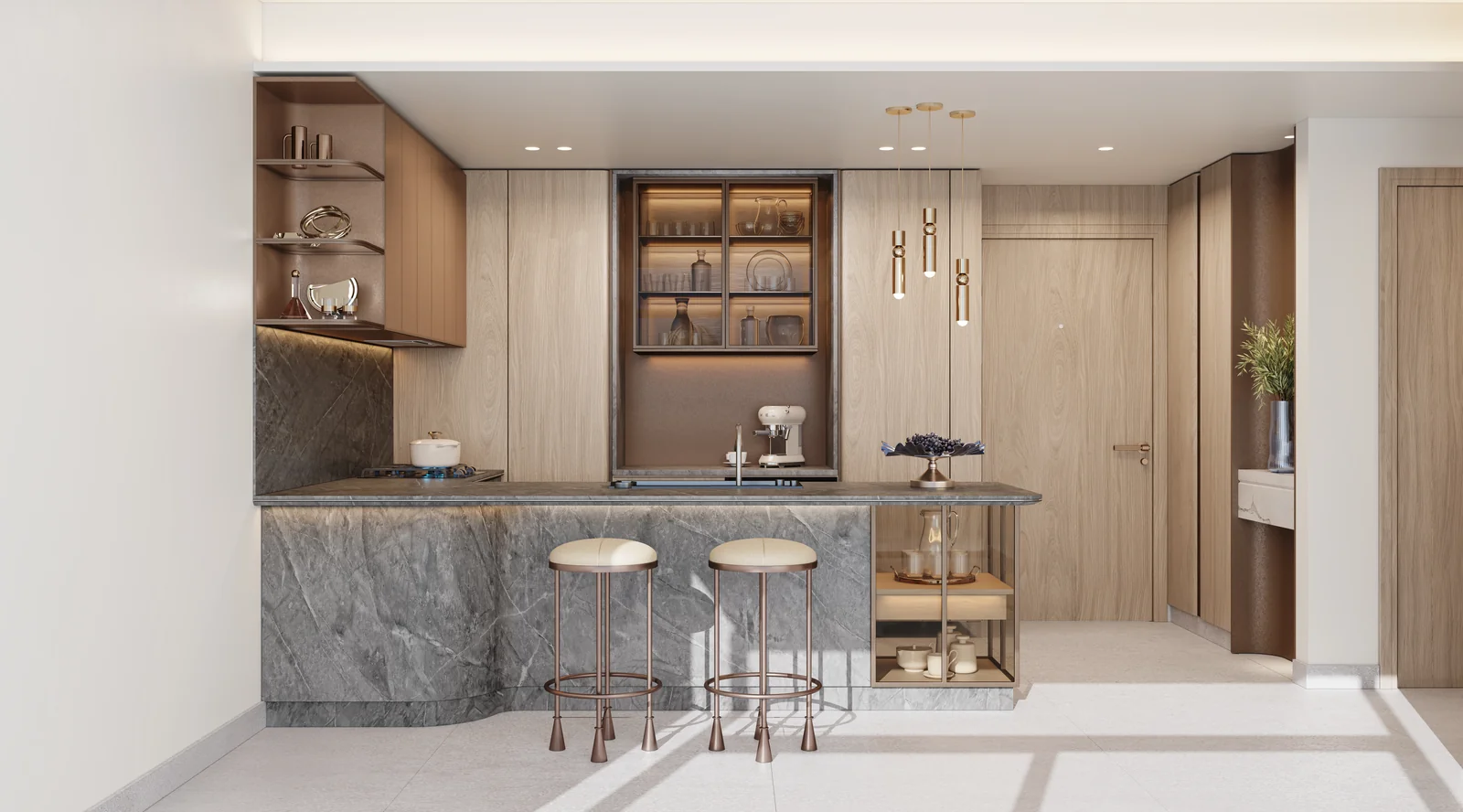 Mercer House kitchen with integrated appliances and Gunmetal Grey drop-in sink