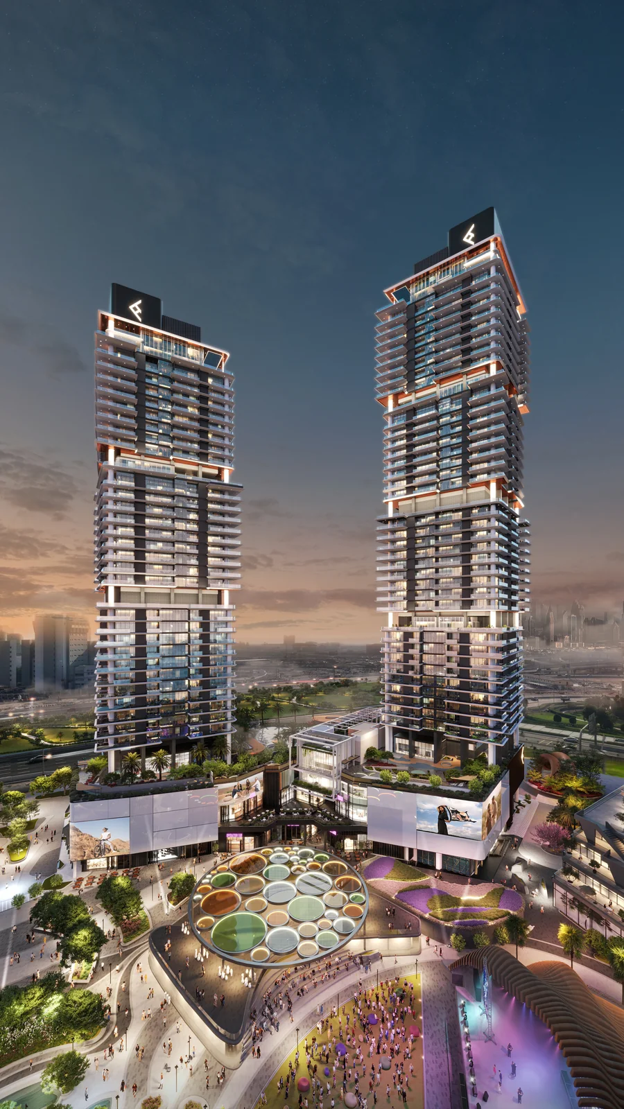 Mercer House twin towers rising above Uptown Dubai skyline, Dubai UAE