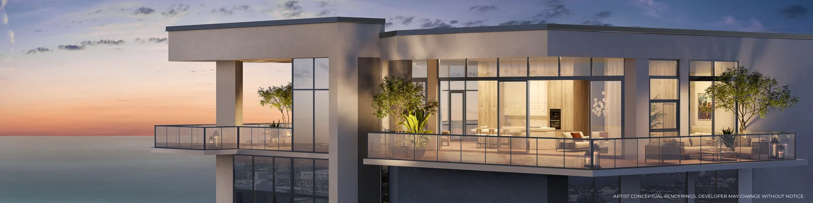 PALMA Miami Beach penthouse terrace at dusk with ocean horizon, Miami Beach