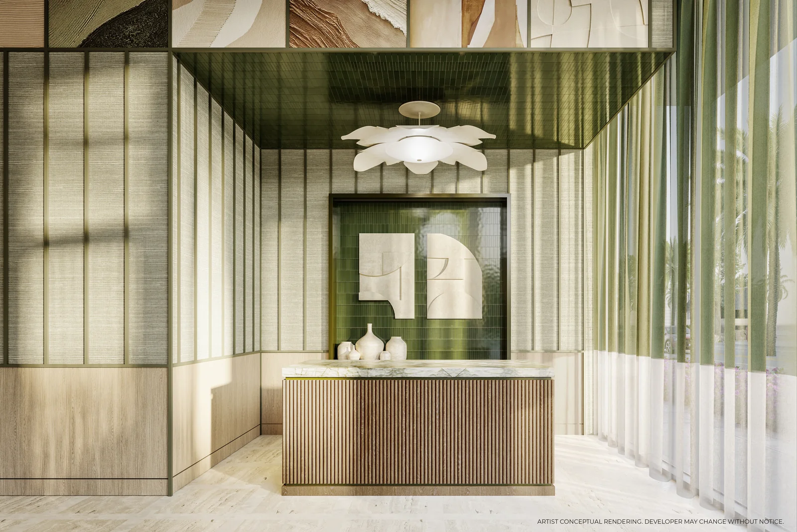 PALMA Miami Beach reception desk and resident lounge with warm wood detailing