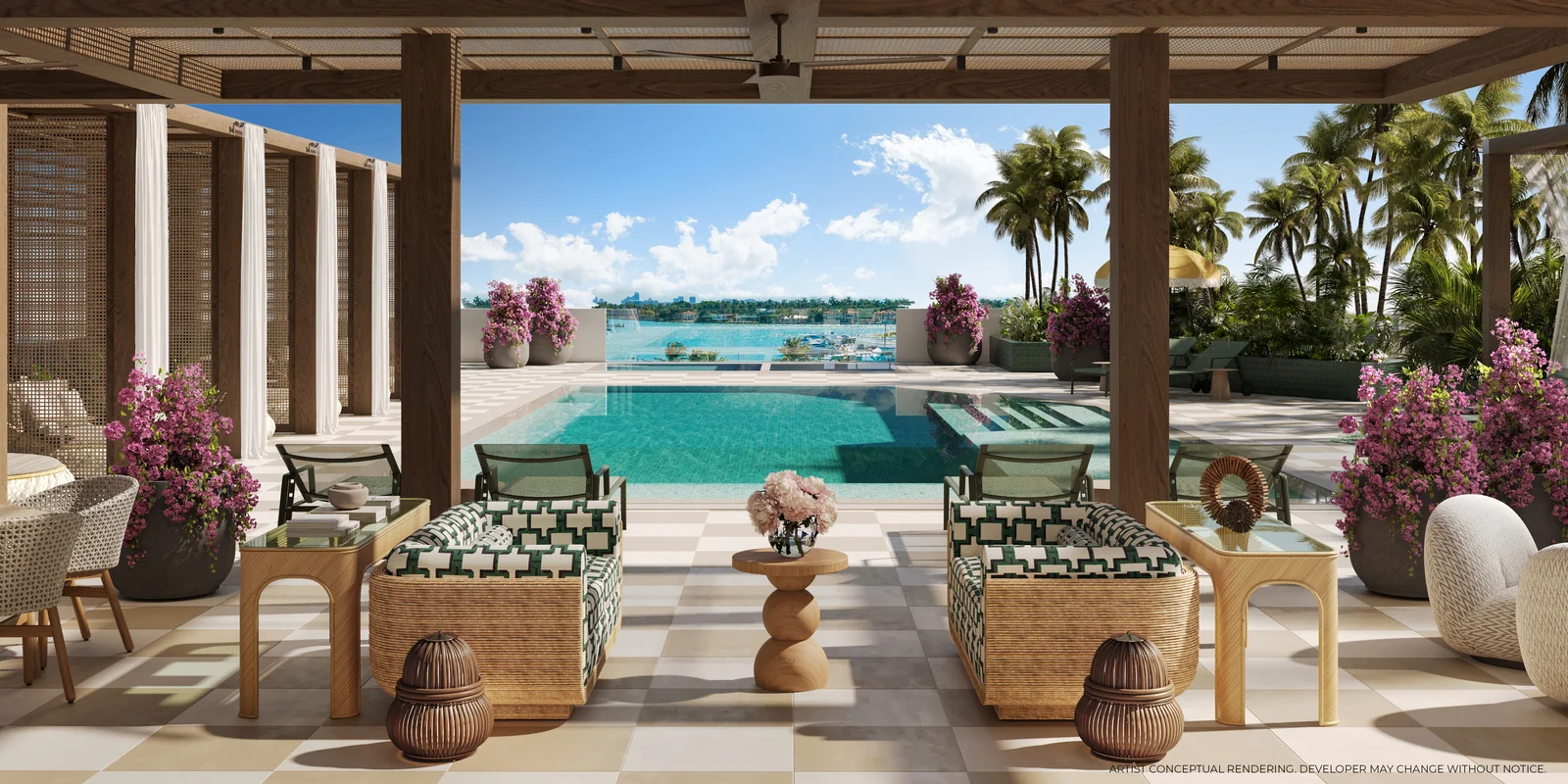 PALMA Miami Beach resort-style pool deck with trellis and daybeds