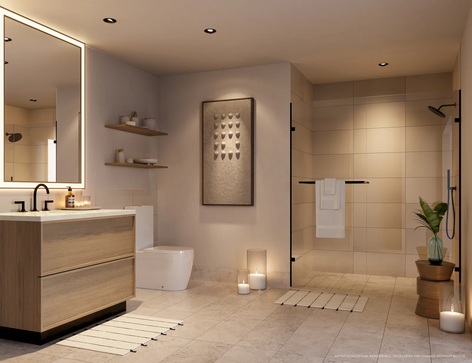 PALMA Miami Beach master bathroom with stone countertops and glass shower enclosure