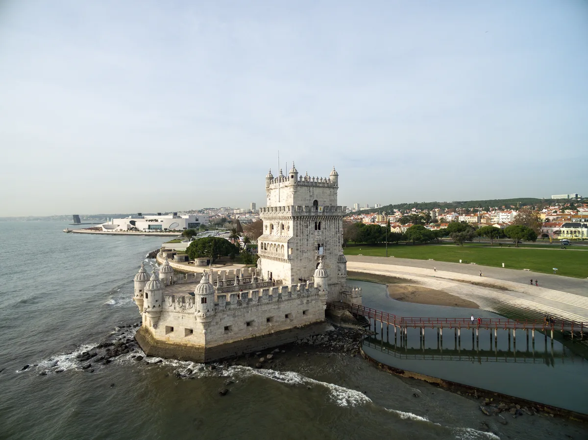 Aerial view of Belem Tower on the Tagus River, Lisbon, Portugal
