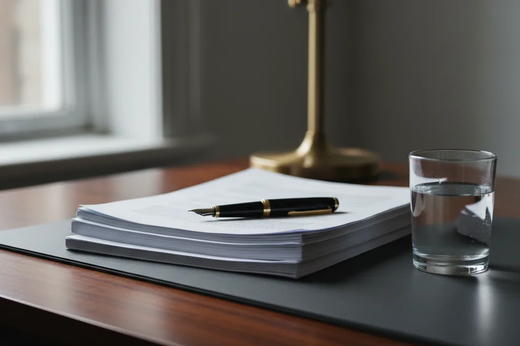 Illustrative still life of investment documents and a pen on a desk, representing the business plan behind a GIP filing.