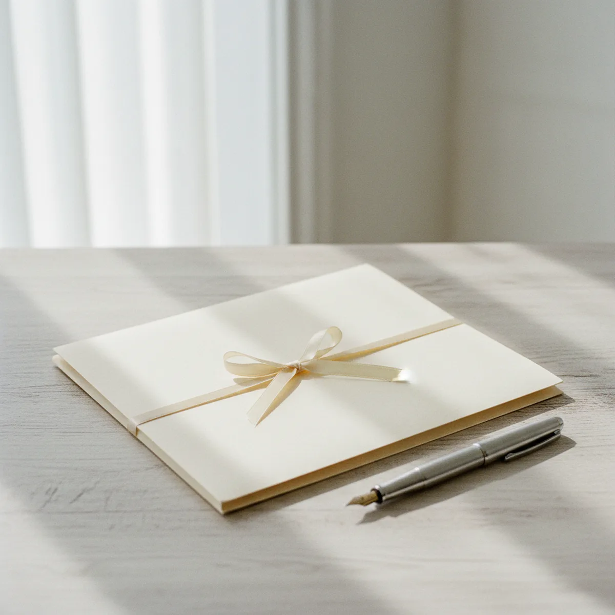 A closed document folder and fountain pen on a desk, representing a private real estate transaction