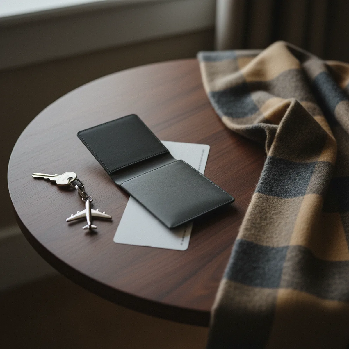 Travel documents, keys, and a folded cashmere throw on a private departure table, illustrative of cross-border relocation