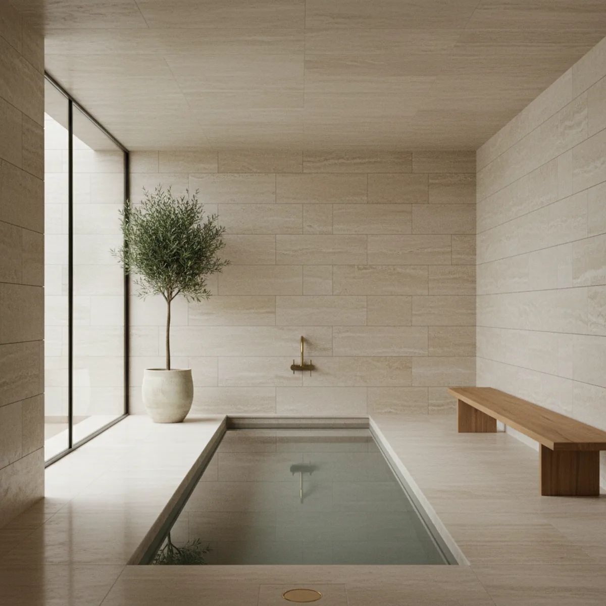 Minimalist travertine cold-plunge wellness room with natural daylight, illustrative of longevity-led residential design