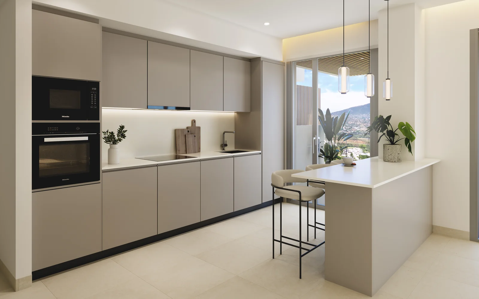Sunrise Golf Residences open kitchen with porcelain worktop, Miele appliances and breakfast bar, La Cala de Mijas