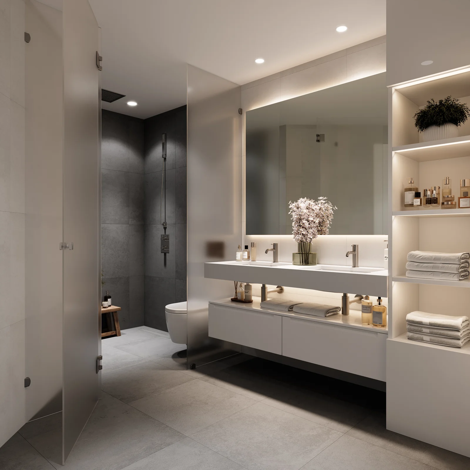 Sunrise Golf Residences main bathroom with double vanity, backlit mirror and walk-in shower, La Cala de Mijas