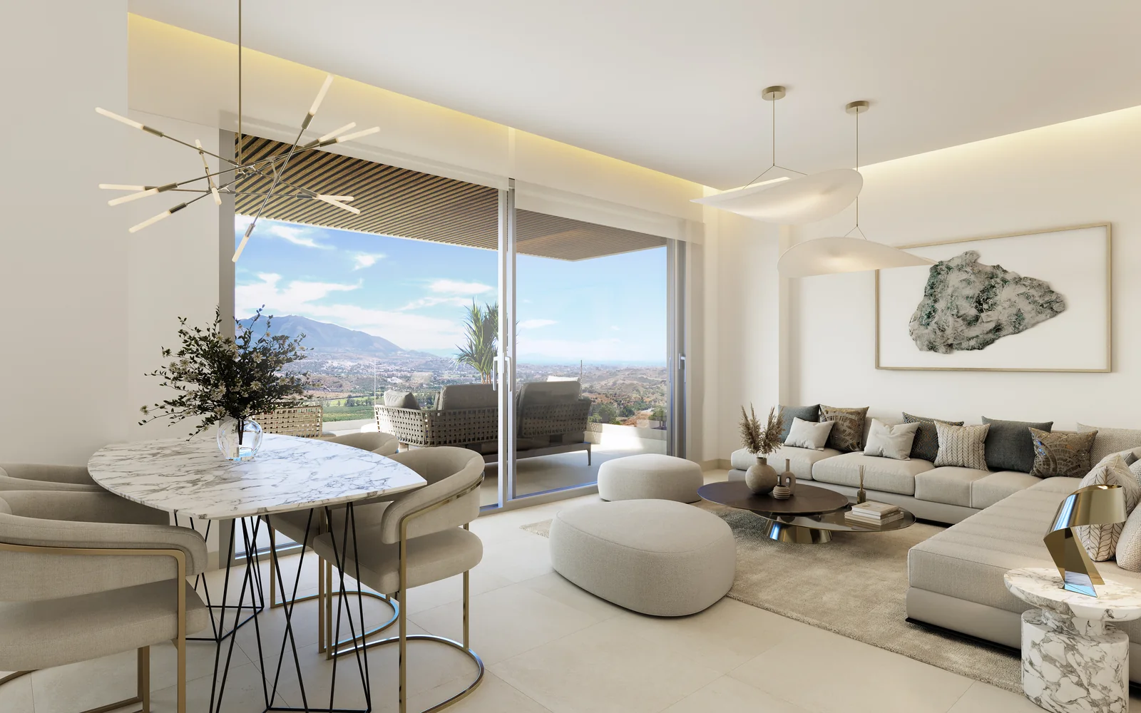 Sunrise Golf Residences open-plan living and dining room with floor-to-ceiling terrace glazing, La Cala de Mijas