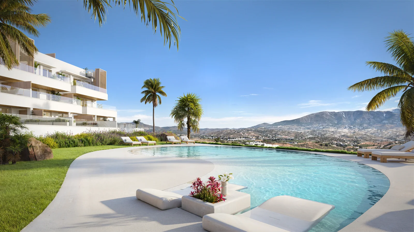 Sunrise Golf Residences beach-style community pool set among landscaped gardens, La Cala de Mijas
