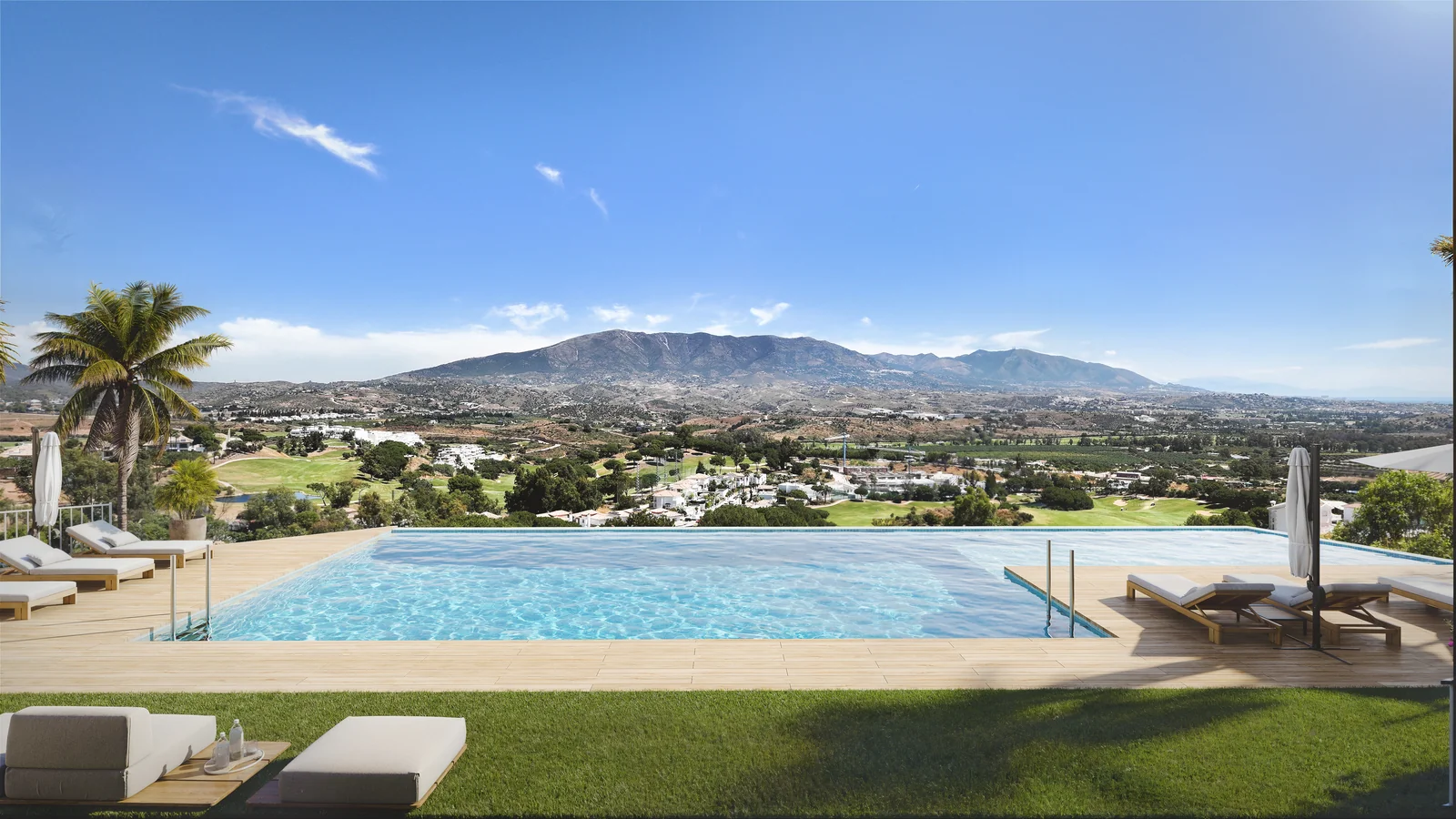 Sunrise Golf Residences community infinity pool with golf course and mountain views, La Cala de Mijas
