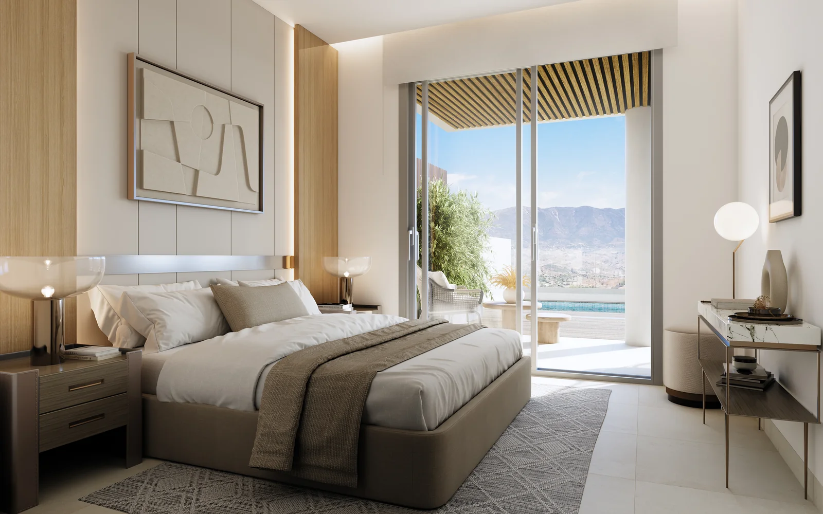 Sunrise Golf Residences main bedroom with terrace access and mountain views, La Cala de Mijas