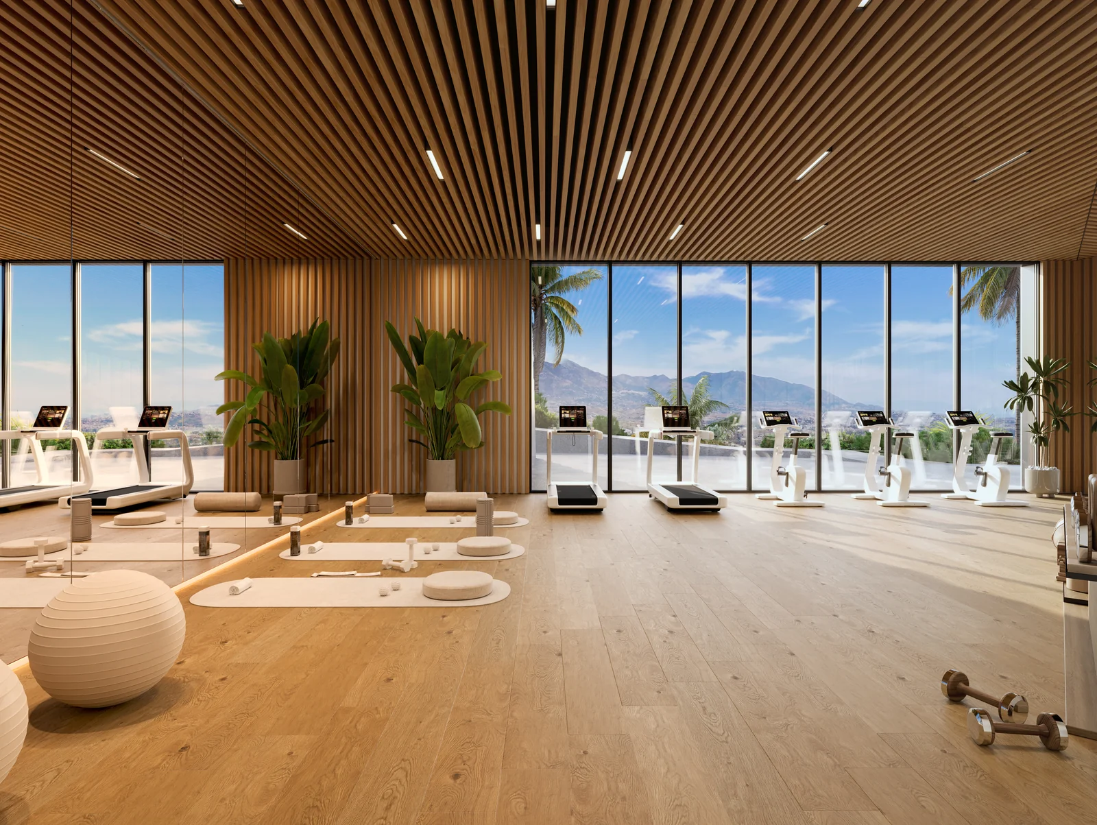 Sunrise Golf Residences community gym with floor-to-ceiling windows and mountain views, La Cala de Mijas