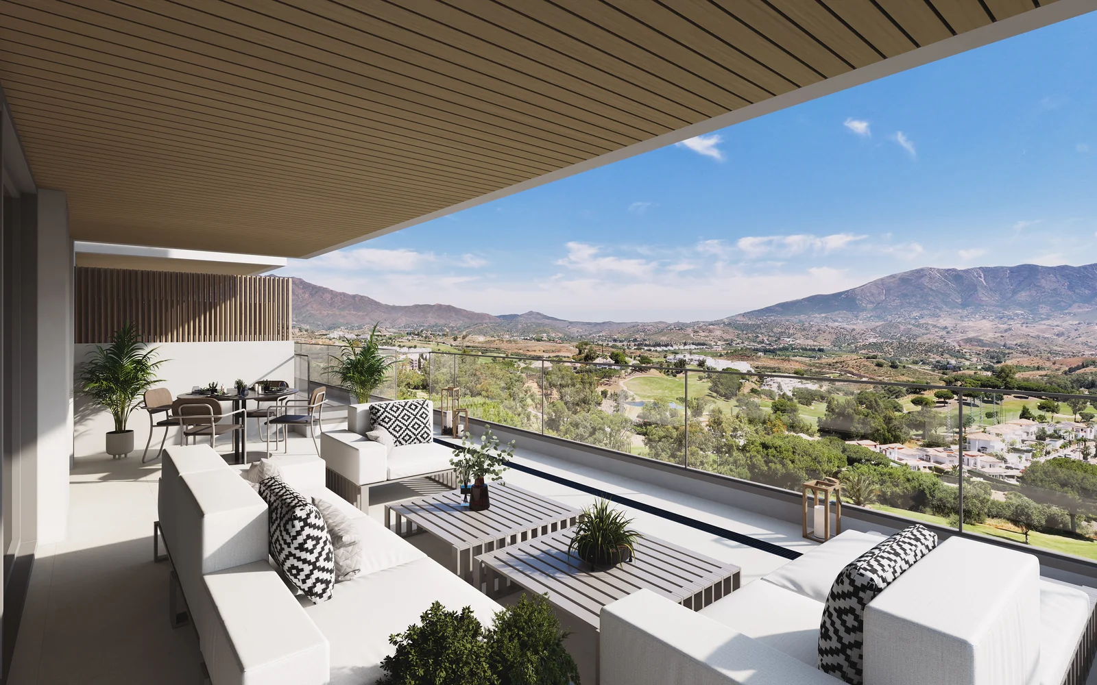 Sunrise Golf Residences covered terrace lounge with golf and mountain views, La Cala de Mijas