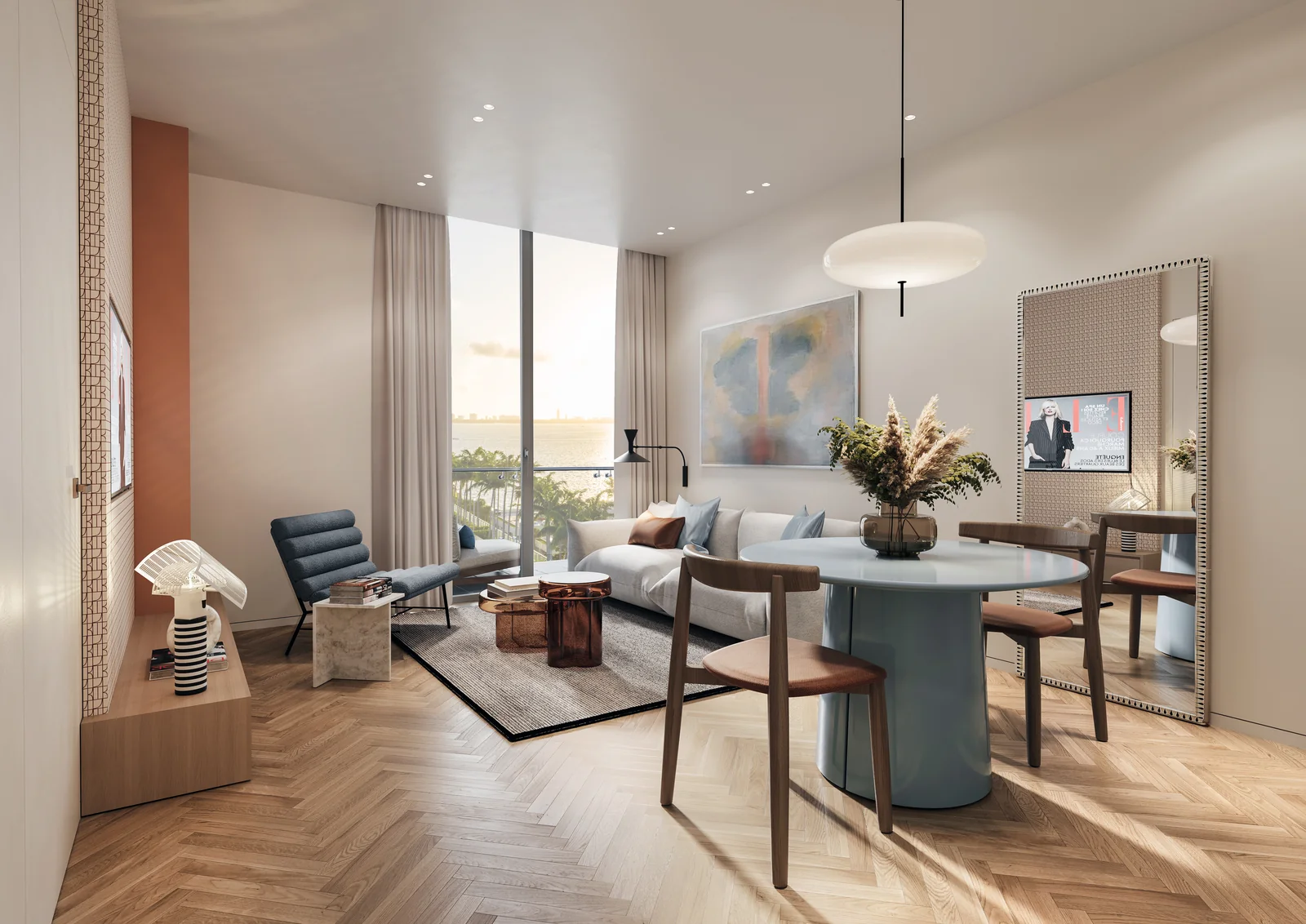 ELLE Residences Miami open living and dining space with chevron wood floors