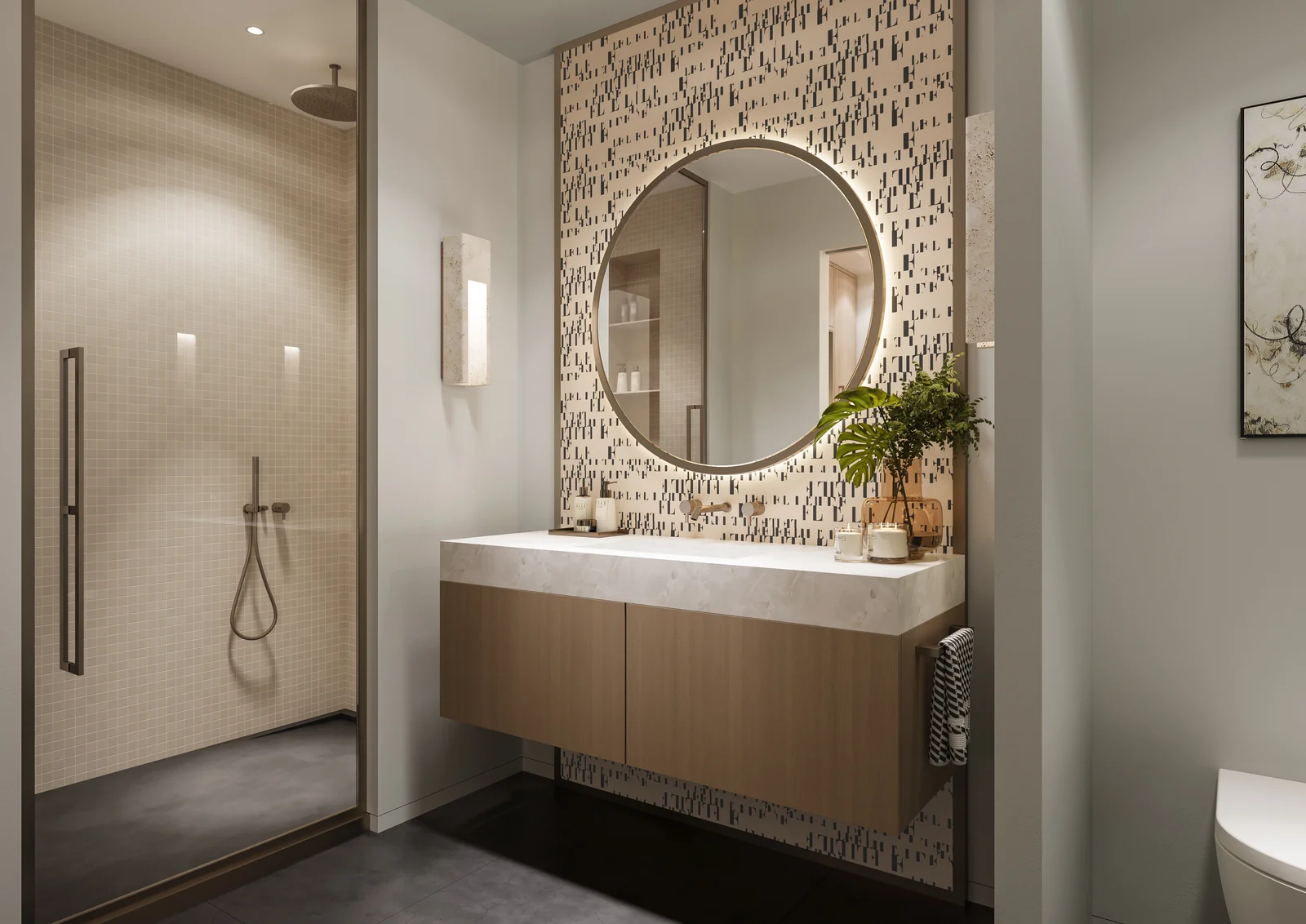 ELLE Residences Miami bathroom with round mirror and patterned feature wall