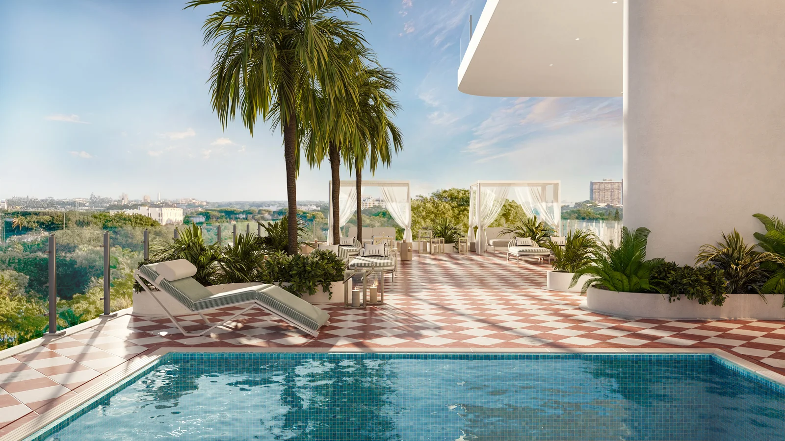 ELLE Residences Miami resort pool with palm-lined terracotta deck