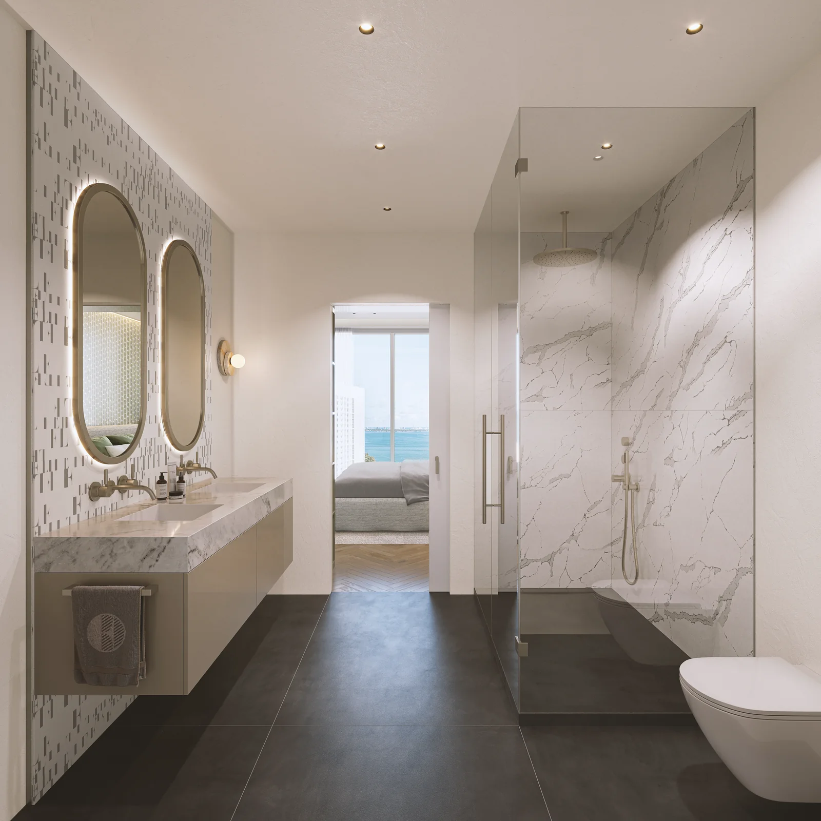 ELLE Residences Miami primary bathroom with marble walls and sea view