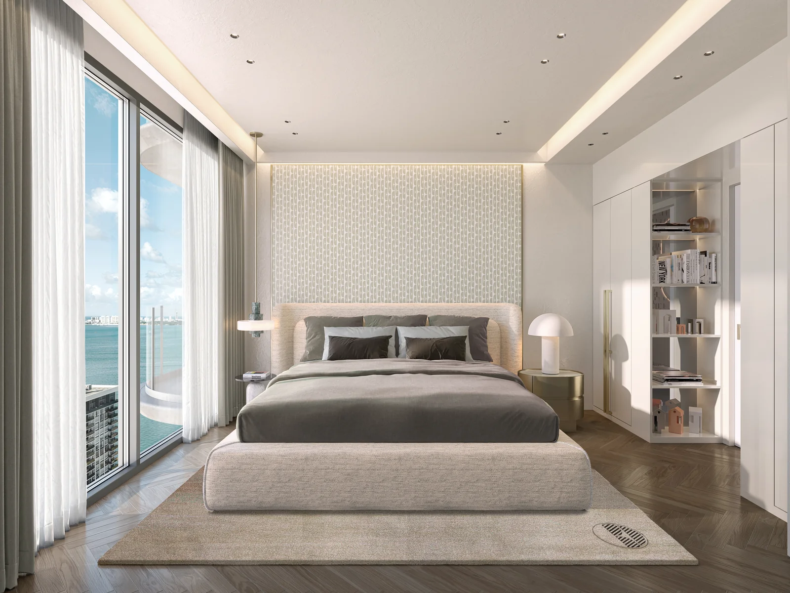 ELLE Residences Miami bedroom with floor-to-ceiling windows and water view