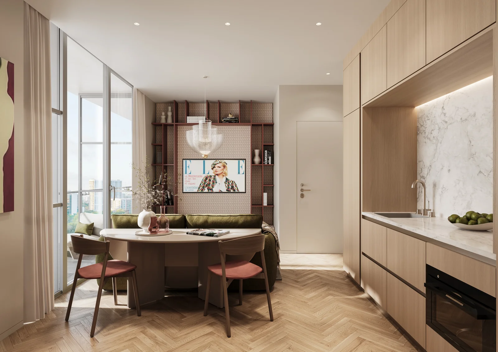 ELLE Residences Miami dining area and integrated kitchen with round table