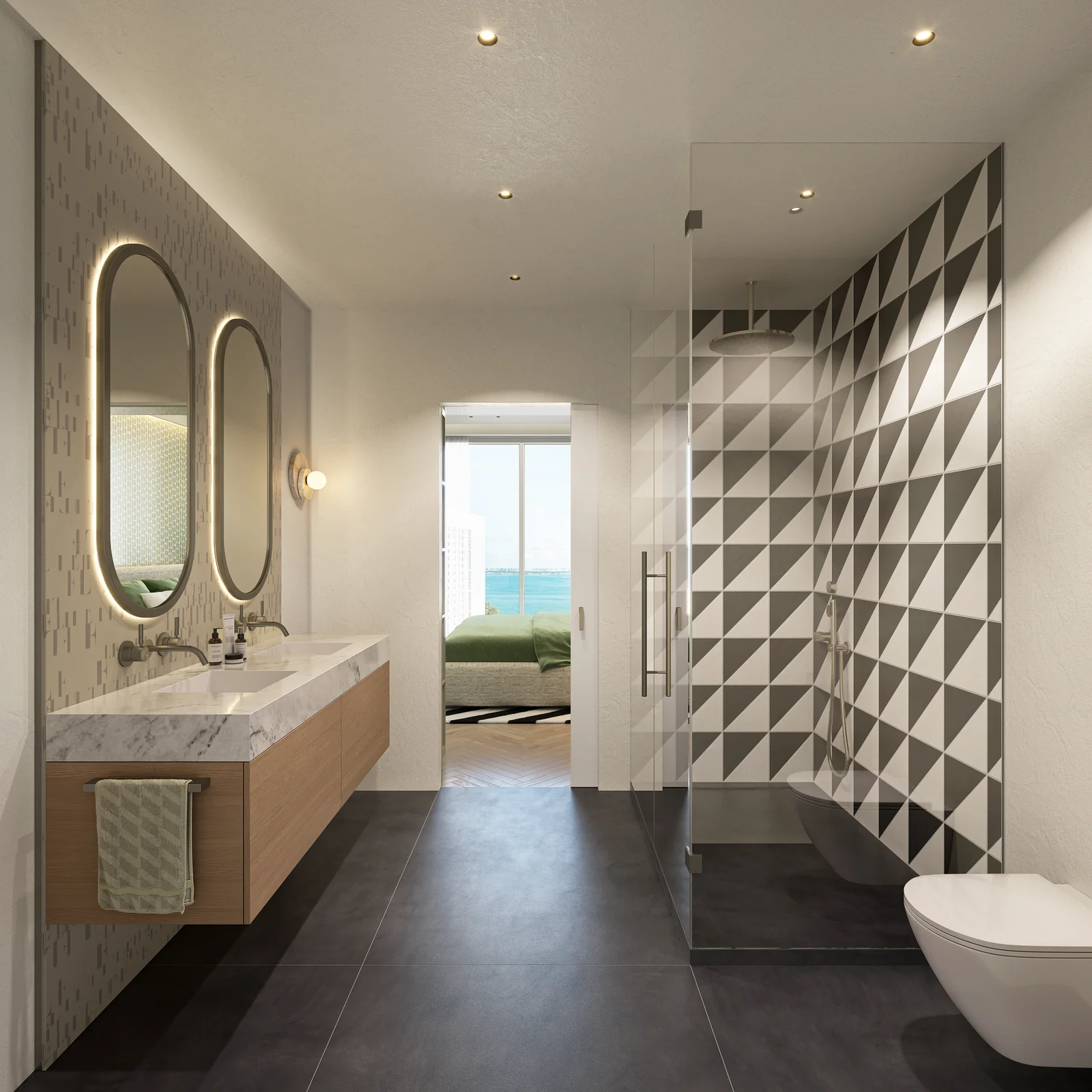 ELLE Residences Miami primary bathroom with double vanity and geometric tile