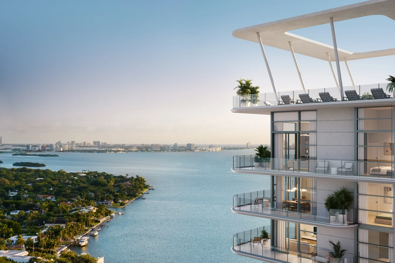 ELLE Residences Miami tower with Biscayne Bay and balcony terraces, Edgewater Miami