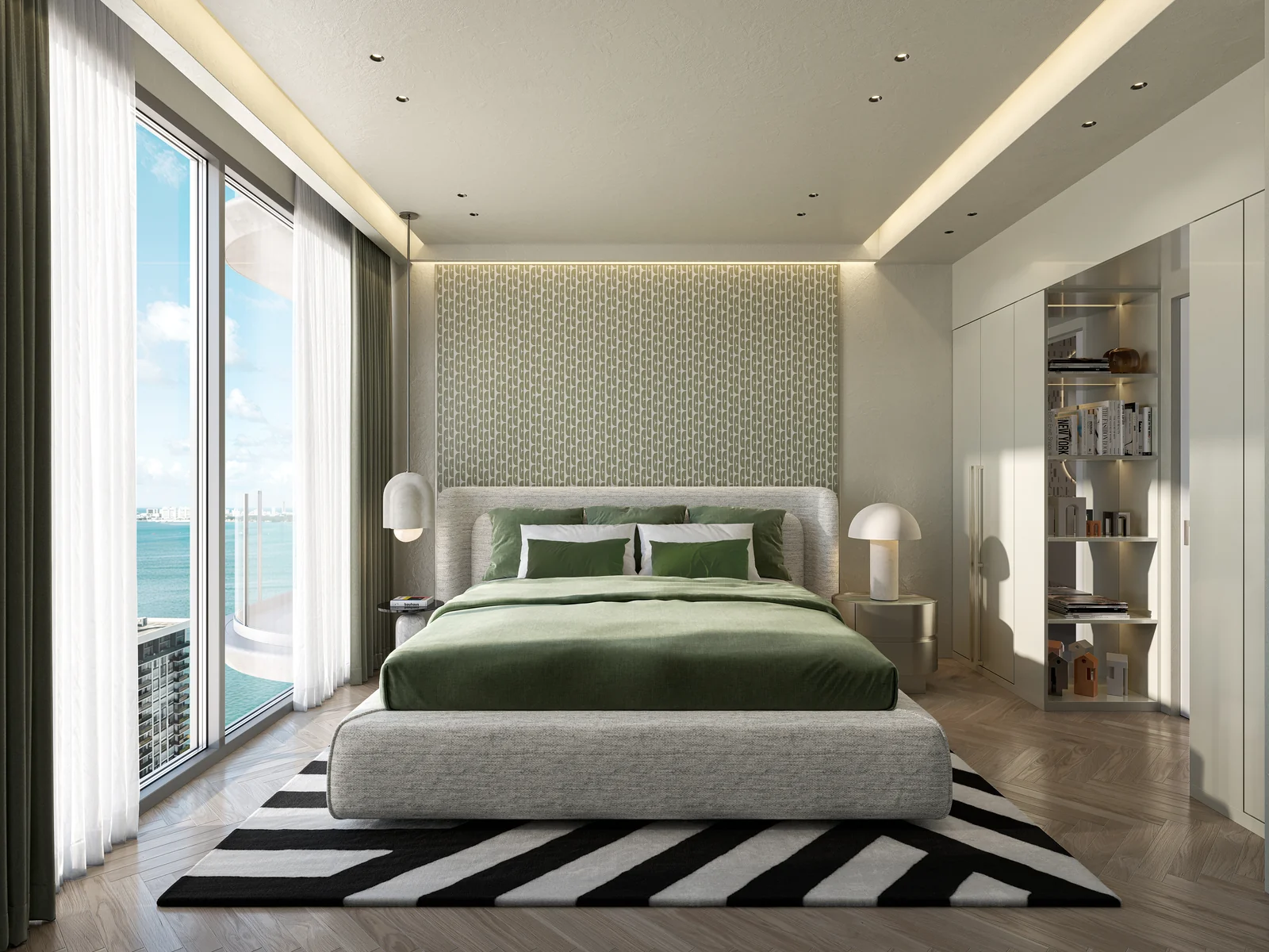 ELLE Residences Miami bedroom with green accents and bay view