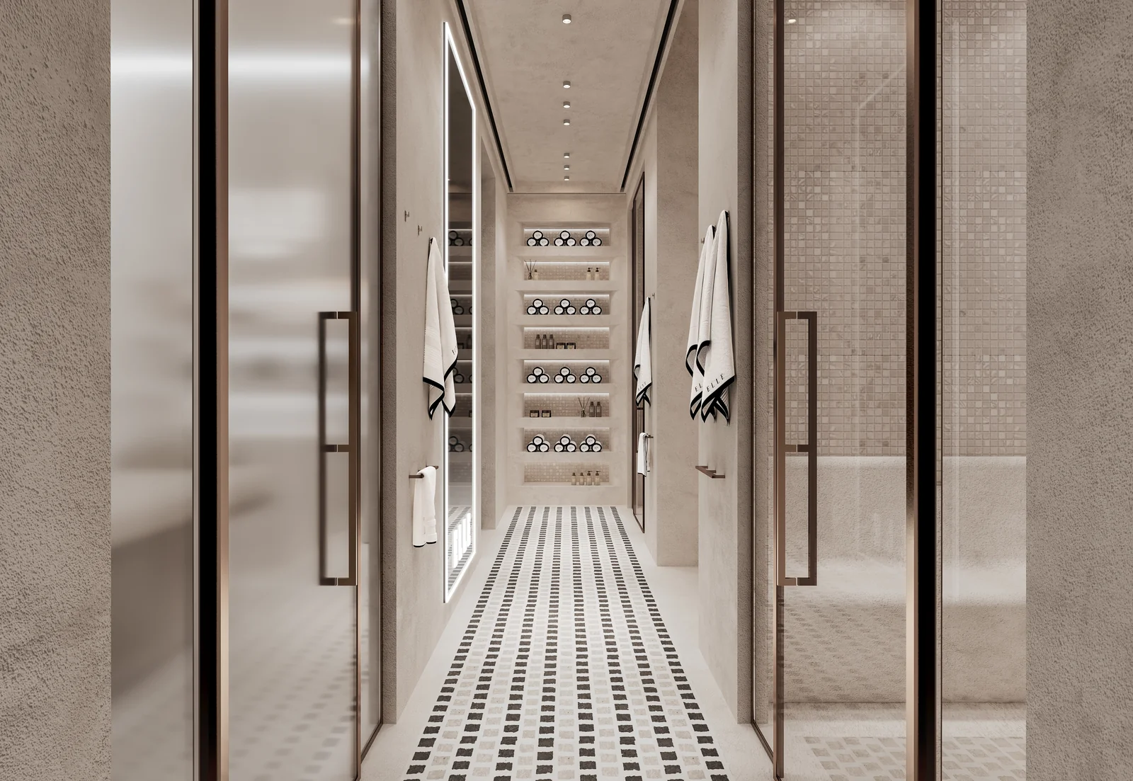 ELLE Residences Miami spa hallway with patterned flooring and towels