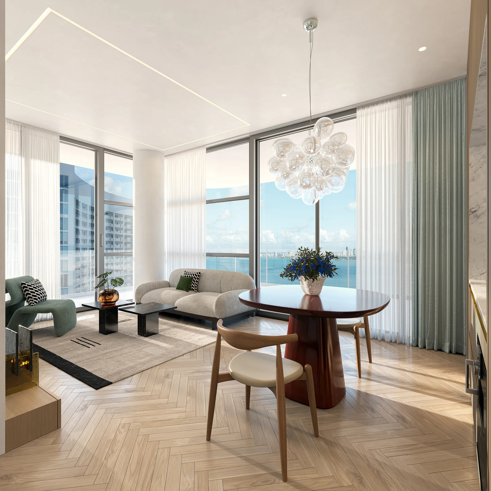 ELLE Residences Miami living and dining area with chandelier and city view