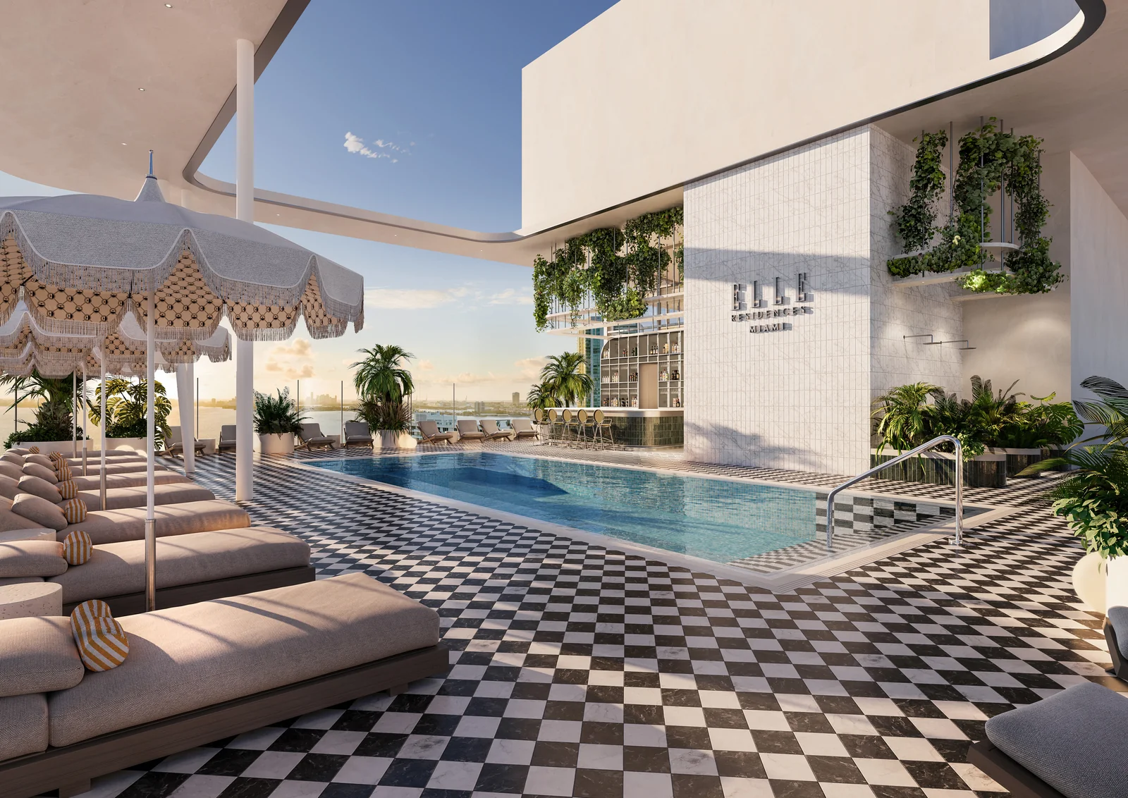 ELLE Residences Miami rooftop Sky Pool with checkerboard deck and skyline, Edgewater Miami