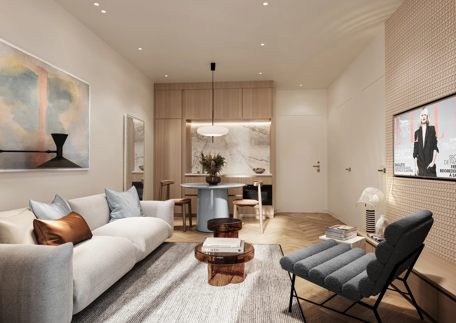ELLE Residences Miami living room with lounge seating and dining table