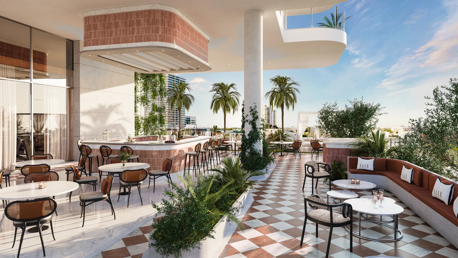 ELLE Residences Miami pool deck lounge and summer kitchen bar seating