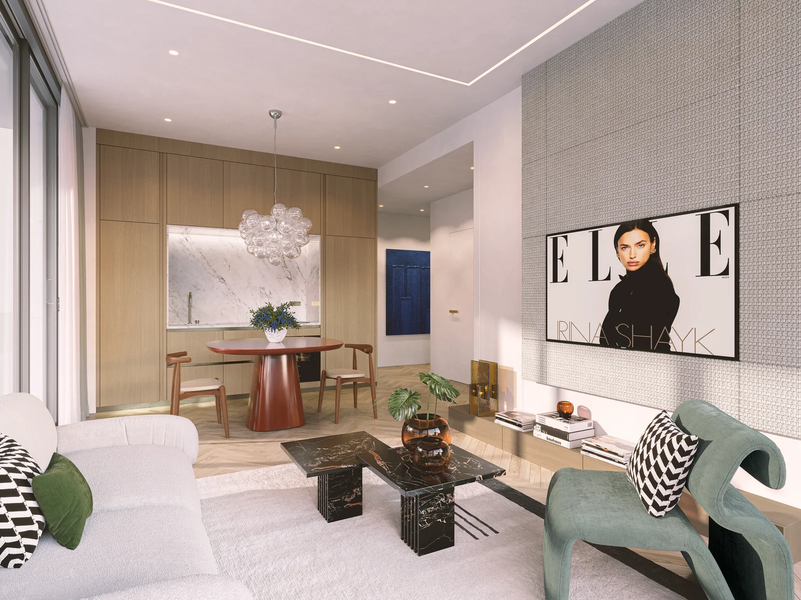 ELLE Residences Miami living room with ELLE art wall, chevron floors and sofa