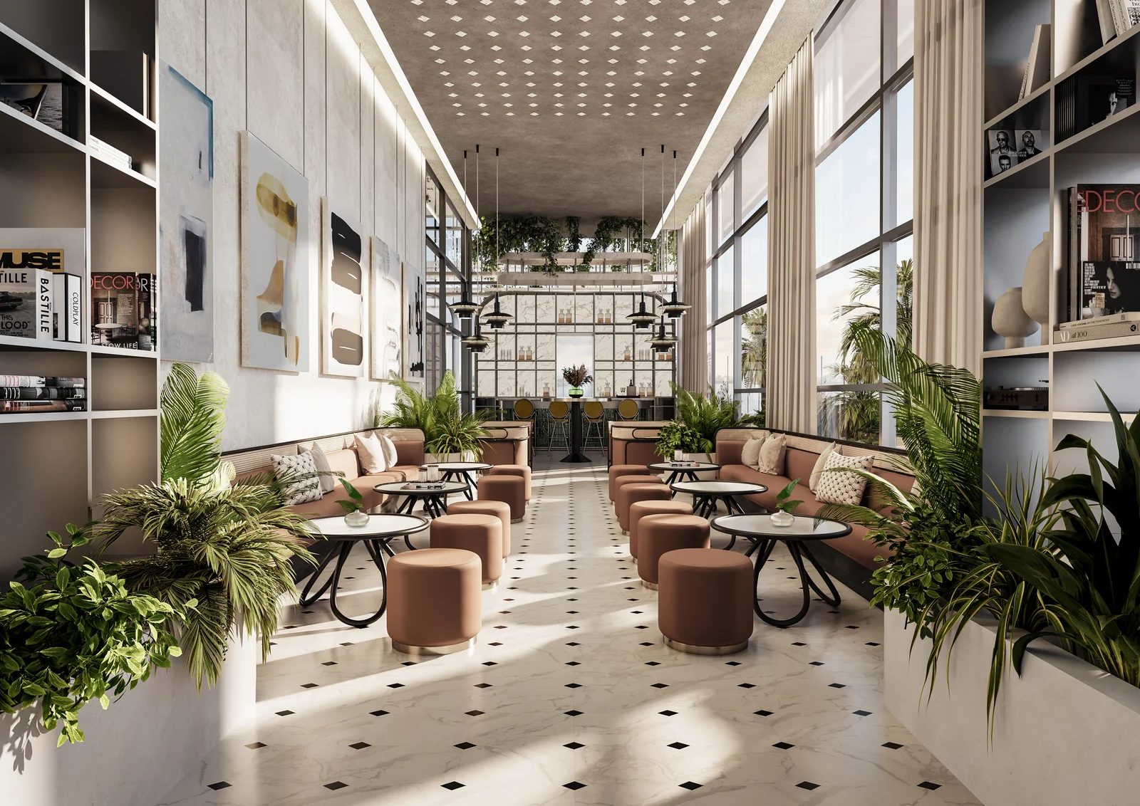 ELLE Residences Miami Maison Club rooftop lounge with library and bar