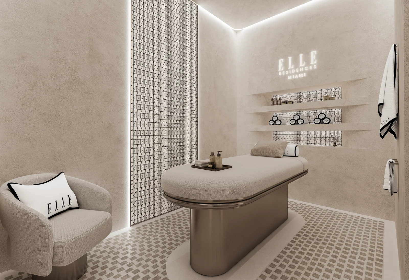 ELLE Residences Miami spa treatment room with ELLE branding