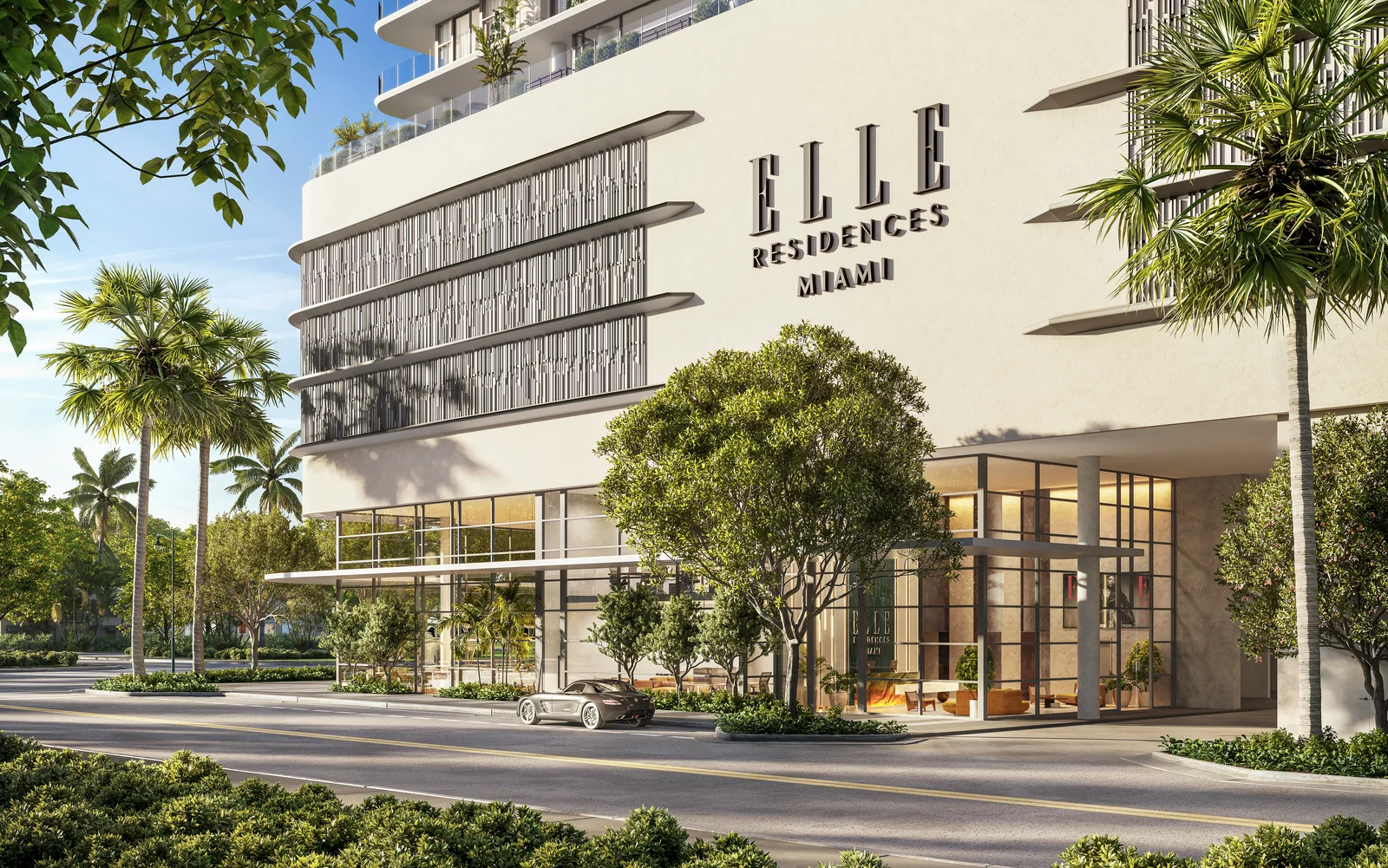 ELLE Residences Miami landscaped building entrance and arrival, Edgewater Miami