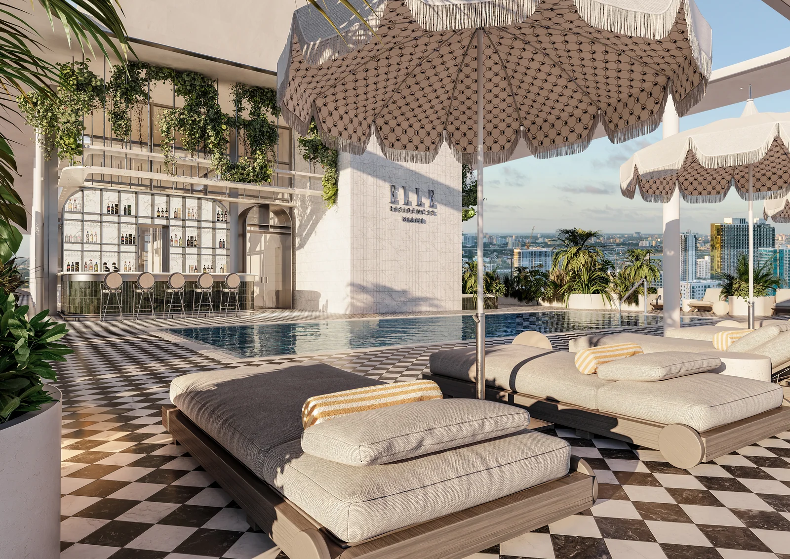 ELLE Residences Miami rooftop sundeck with cabana daybeds and city views