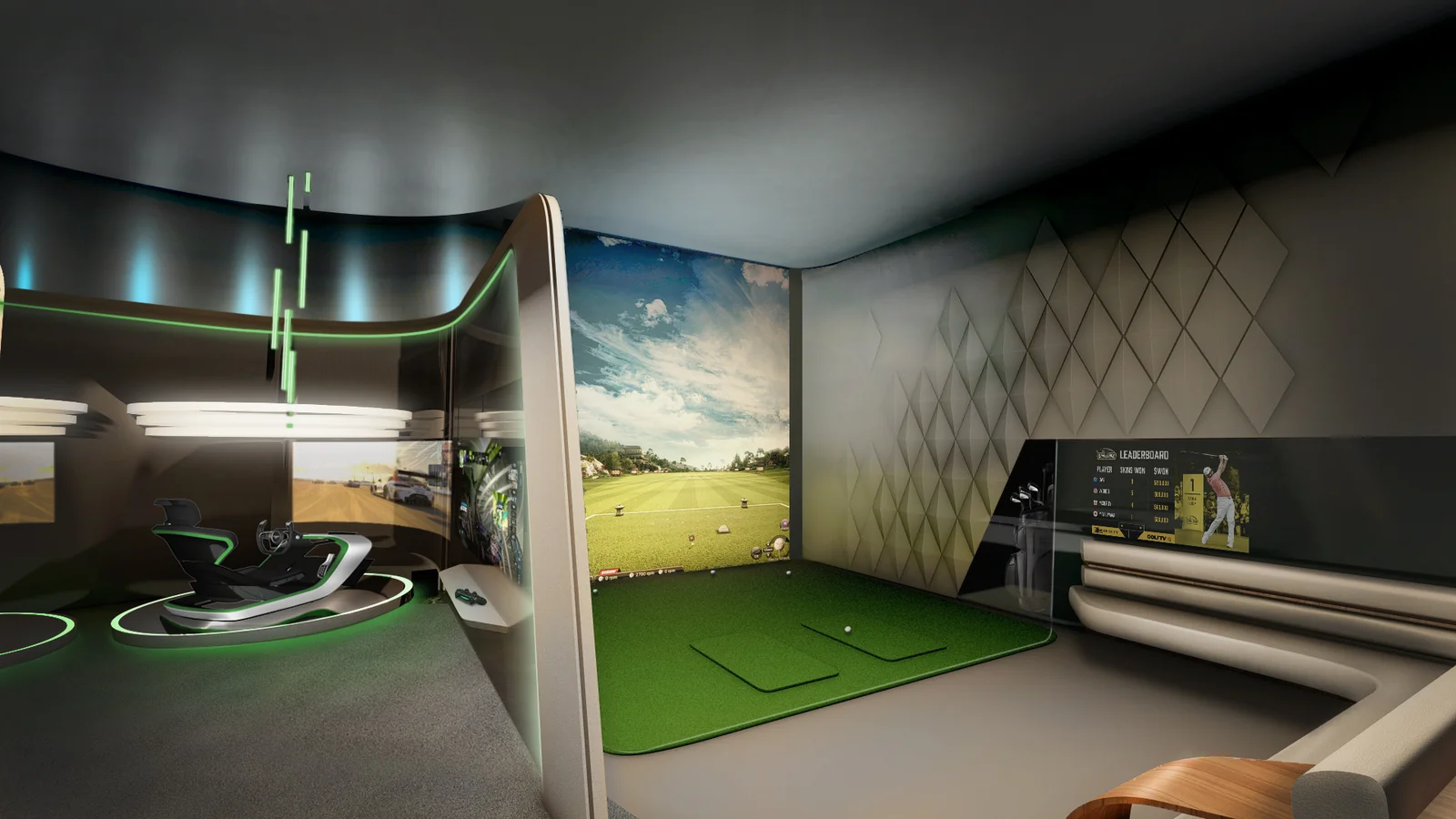 Bentley Residences game room with golf and racing simulators