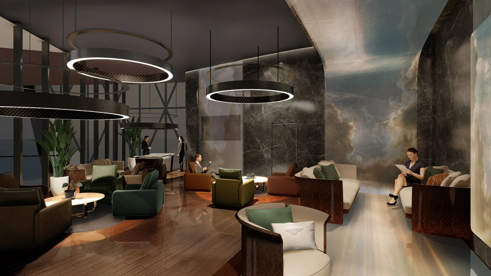 Bentley Residences cigar lounge with marble walls and lounge seating