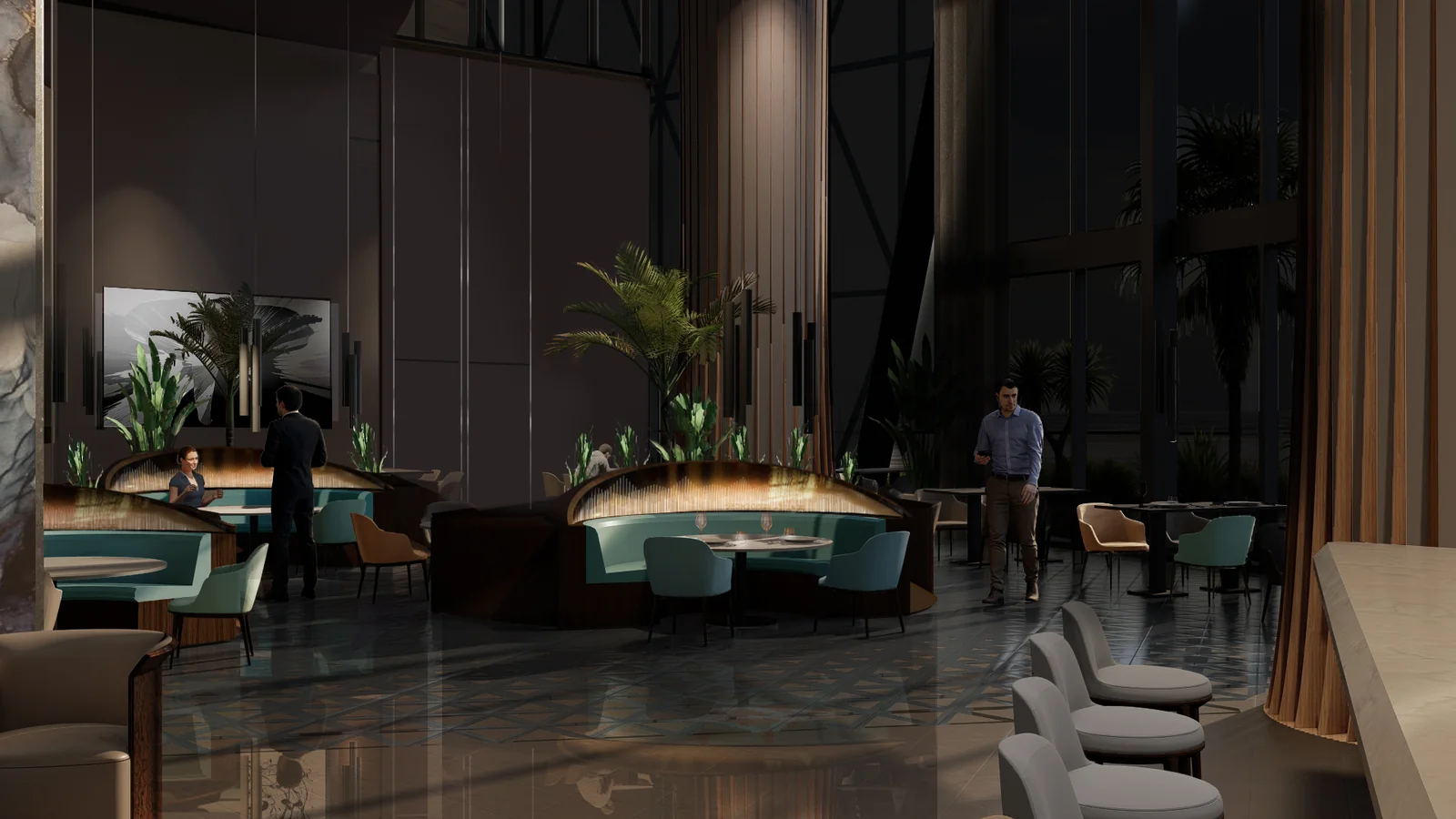 Bentley Residences lobby restaurant with double-height ocean-view windows