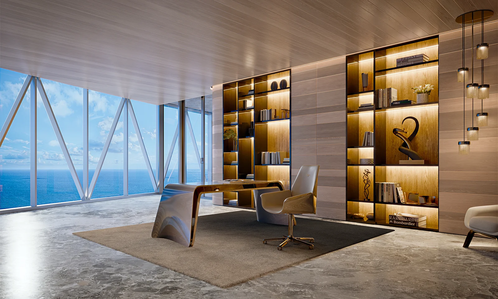 Bentley Residences penthouse study with illuminated shelving and ocean views