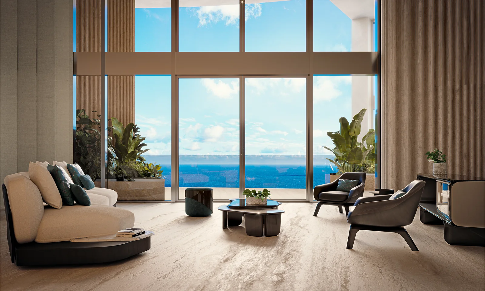 Bentley Residences penthouse double-height living room with panoramic ocean views