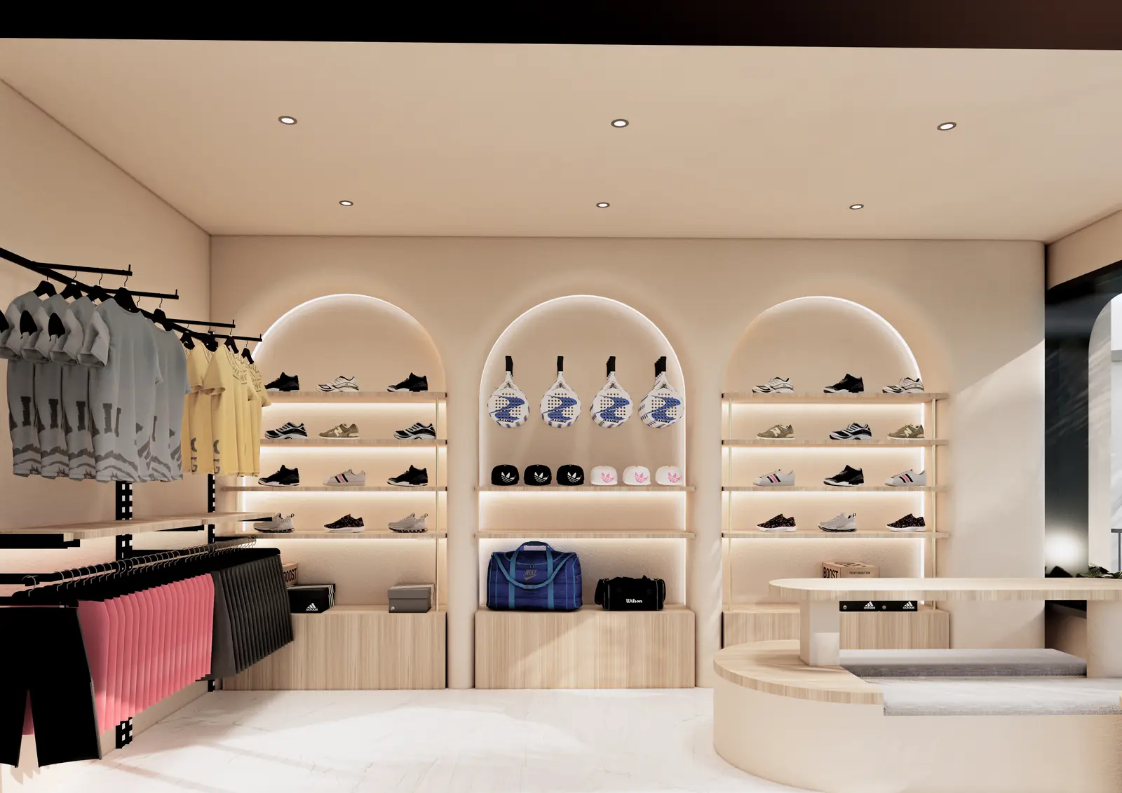 The Coco Boulevard on-site merchandising shop with arched display niches