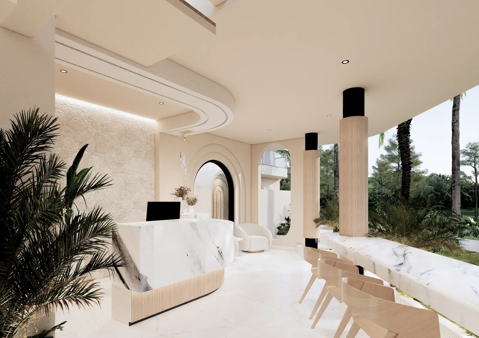 The Coco Boulevard resort lobby and reception with marble counter