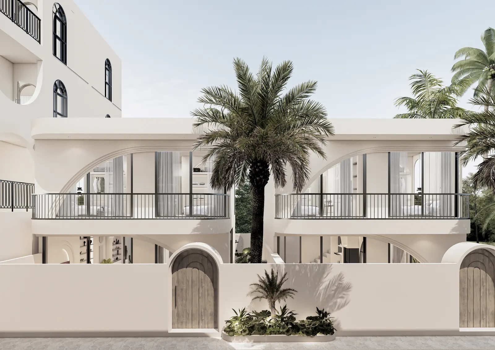 The Coco Boulevard row of lifestyle villas with palm, Bingin, Uluwatu, Bali