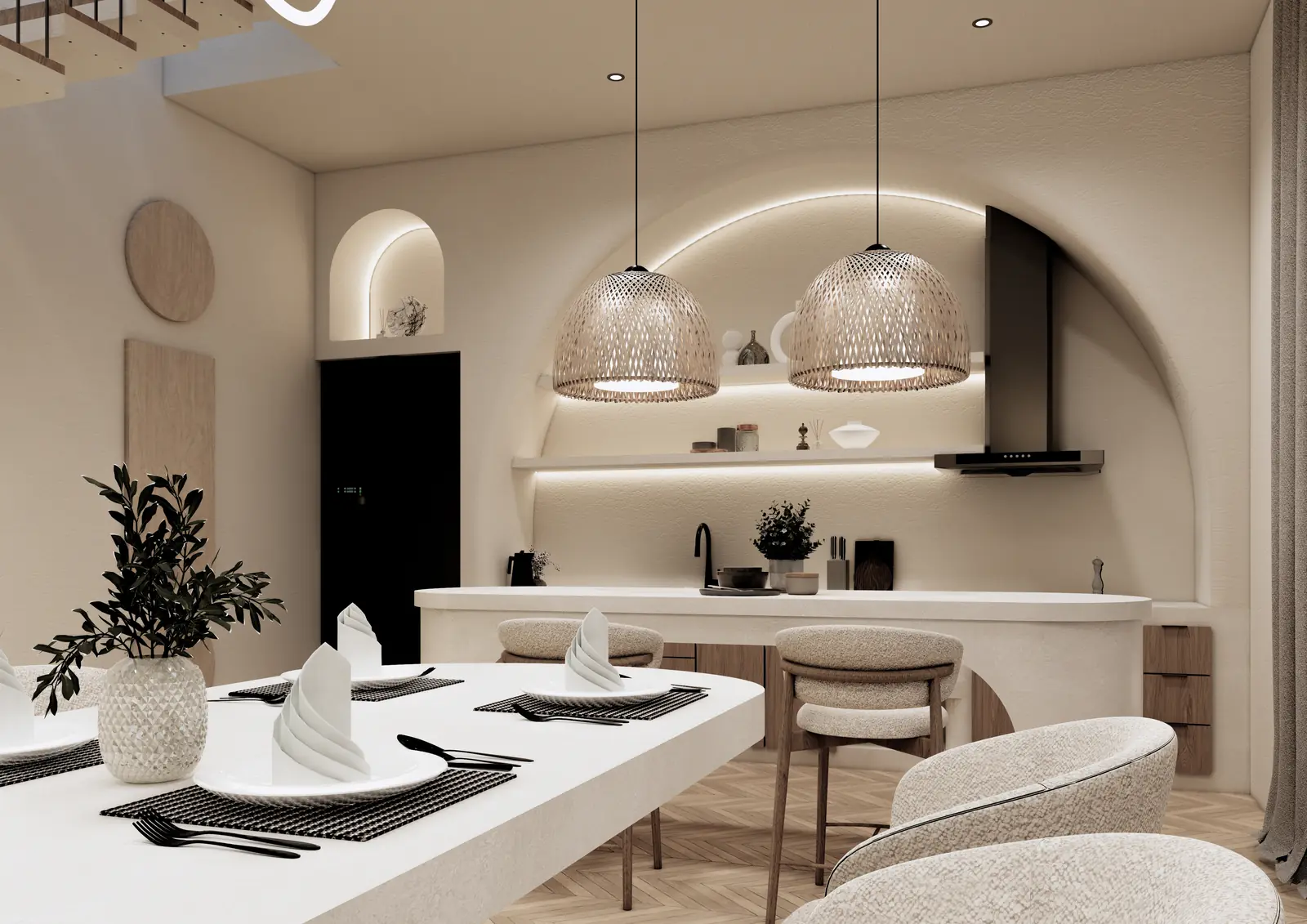 The Coco Boulevard villa kitchen and dining with arched joinery