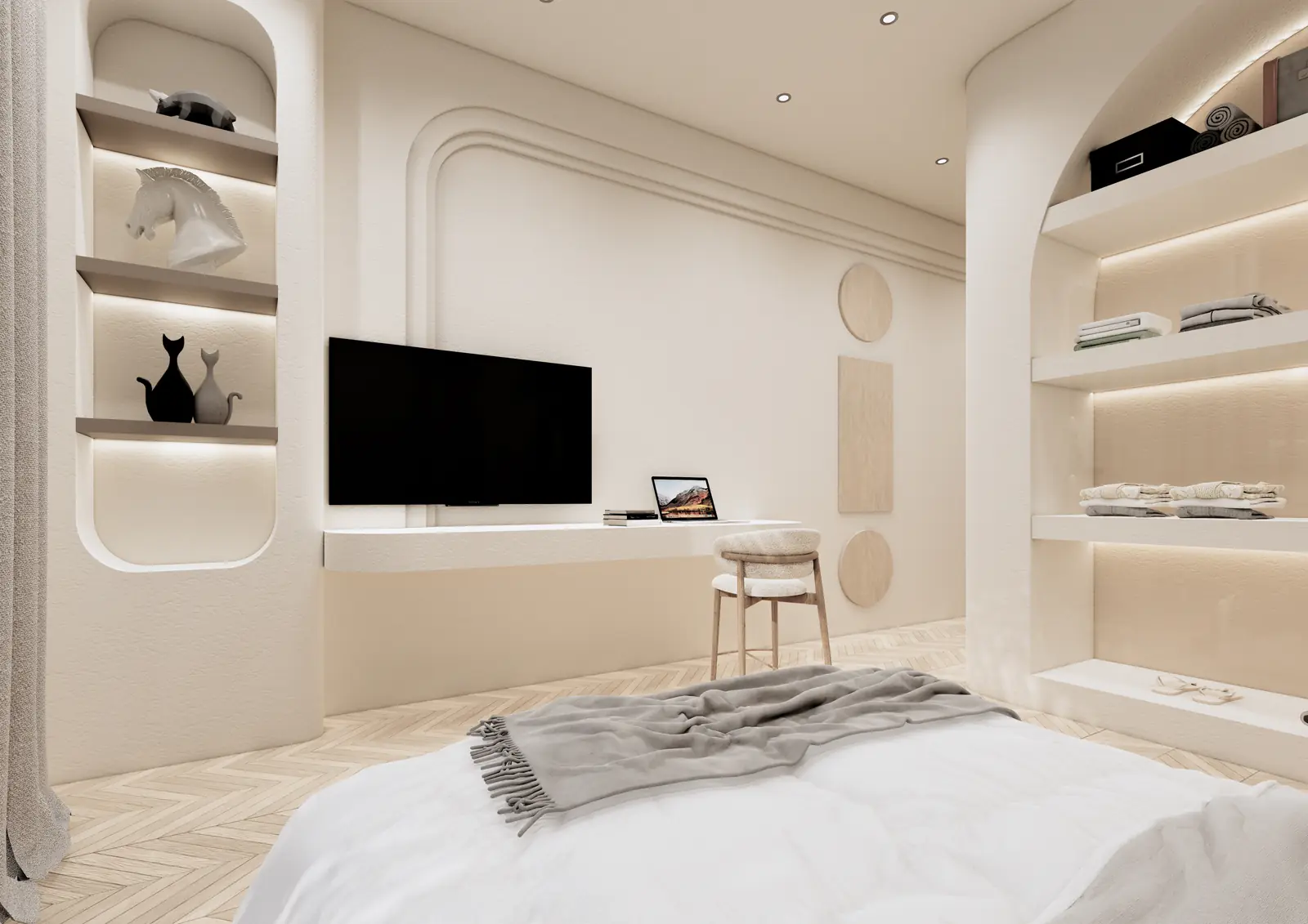 The Coco Boulevard villa bedroom with built-in desk and media wall