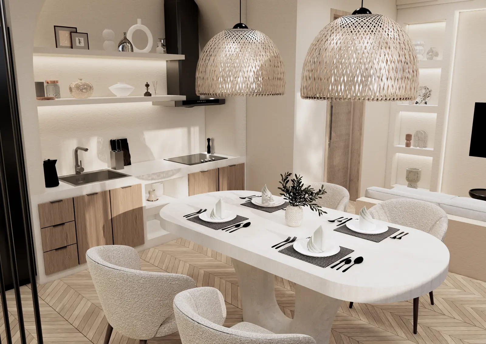 The Coco Boulevard villa dining area with woven pendant lights