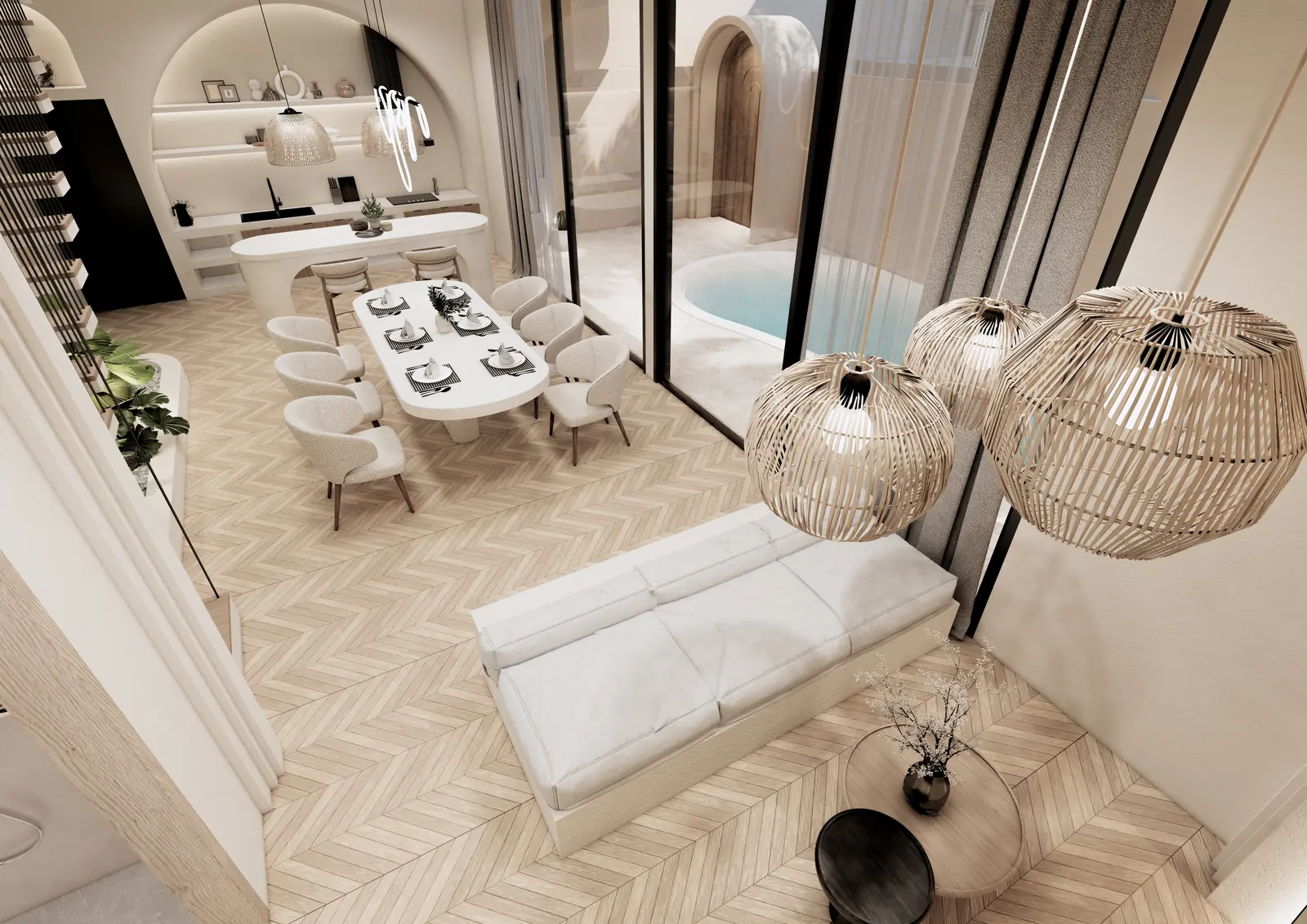 The Coco Boulevard villa double-height living space with rattan pendants